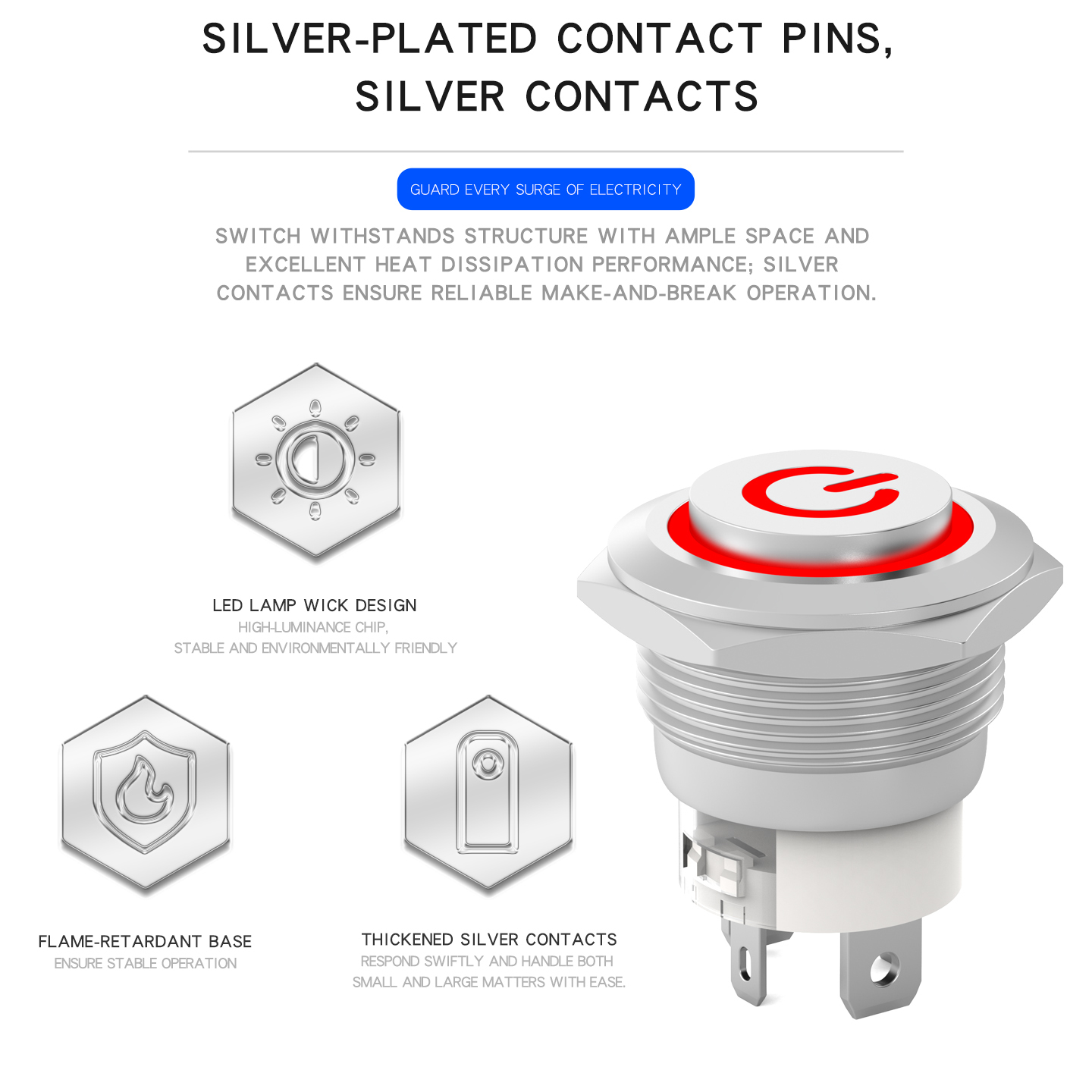 Metal Push Button Switch, Short Type, High Current 19mm Power Button with Light, Self-Locking and Self-Reset Start-Stop Switch