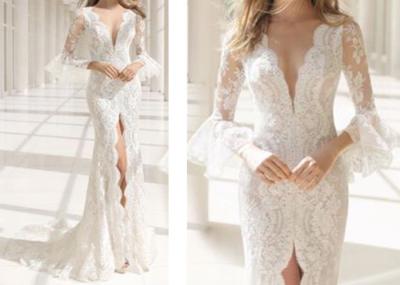 Deep V Neck Long Sleeve Lace Mermaid Wedding Fishtail High Slit Buttons Back