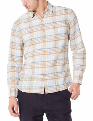 Beige Plaid 48% Cotton Mens Casual Linen Shirts Pointed Collar Long Sleeve