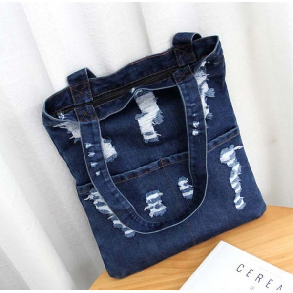 Summer fashion hole jeans female Korean fashion large capacity bag shoulder bag shopping bag