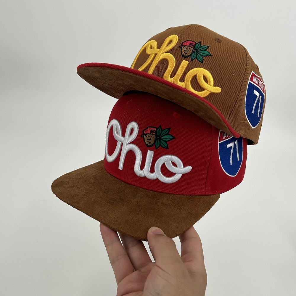 Suede 3D Puff Embroidery Snapback Caps Structured Flat Brim Acrylic Custom Adjustable