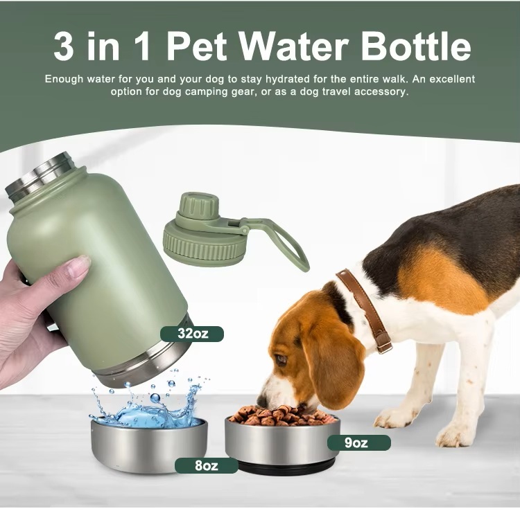Portable 32 Oz Insulated Stainless Steel Dog Water Bottle For Outdoor Travel
