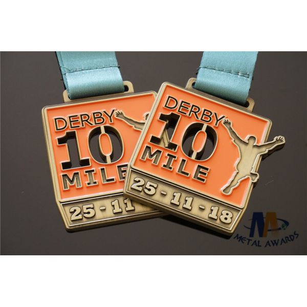 Antique Gold Finish Custom Sports Medals With Heat Transfer Ribon