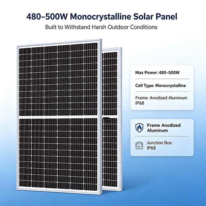 Thickened AR‑Coated Tempered‑Glass 480‑500W Solar Power Panel For Outdoors