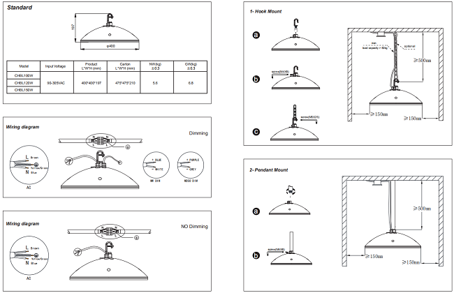 150LM/W 100W LED High Bay Down Light Hook Mount Type With 90°Beam Angle Lens
