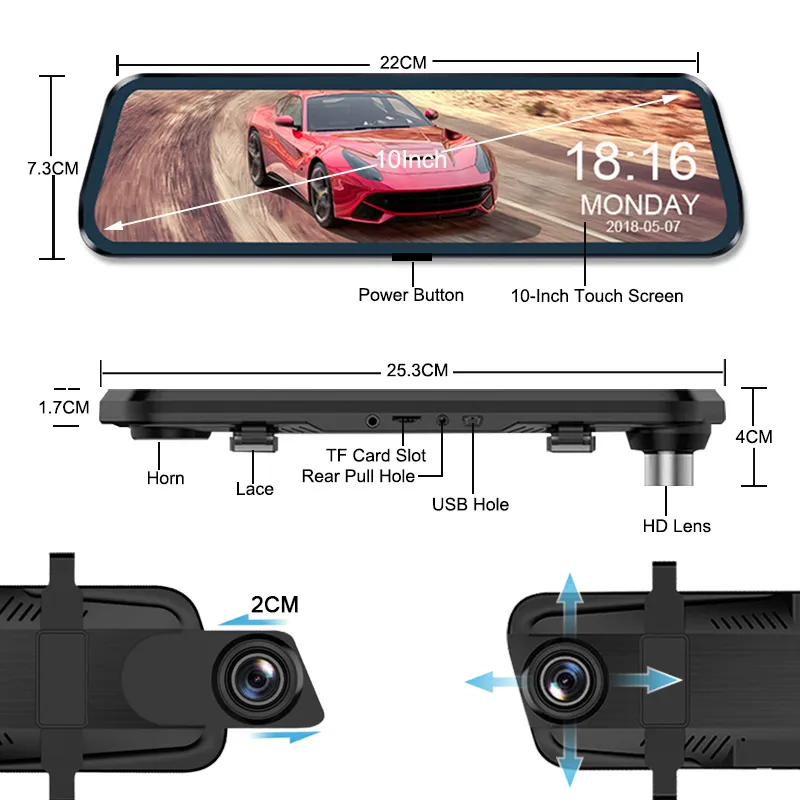 Multi Language Rearview Mirror Dash Cam 9.66 Inch Touch Screen HDR Night Vision Car Dash Cam