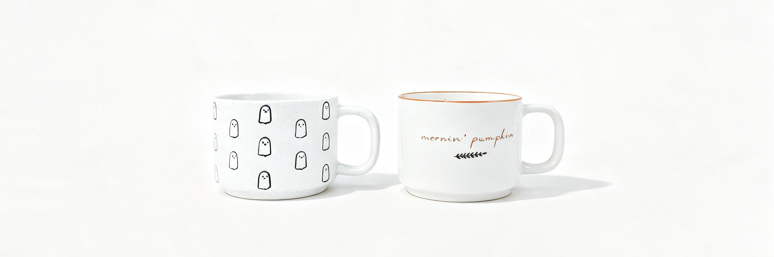 2 Pack Cute Ghost & Mornin Pumpkin Short Ceramic Mugs, Speckled White Fall Halloween Coffee Cups for Autumn Kitchen Decor & Gift