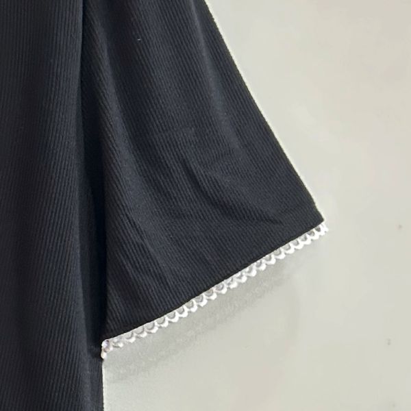 Women's Black Contrast Lace Collar Ribbed Short Sleeve Top