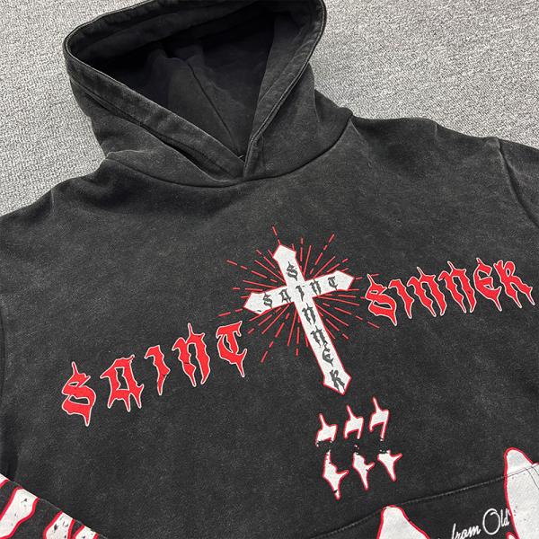OEM / ODM Custom Screen Printing No String Pullover Hoodie Acid Washed Vintage Drop Shoulder French Terry Streetwear Hoodies Men