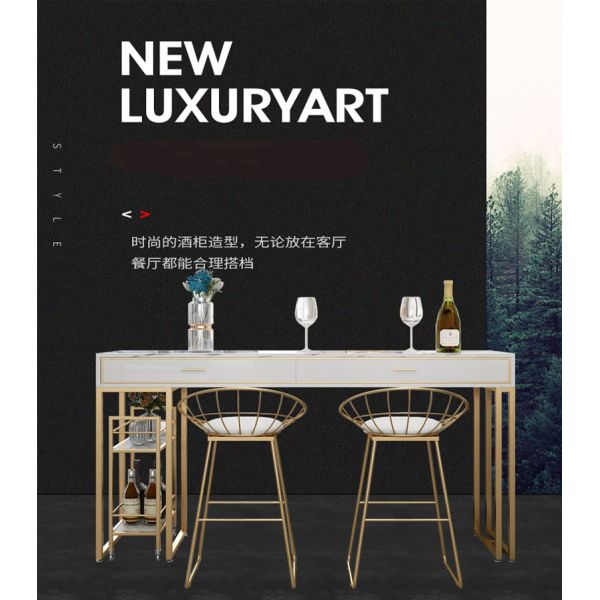 Iron Marble Dining Table Set with 2 Chairs White Marble Surface Gold Powder Coating