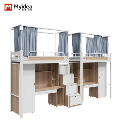 Cama de apartamento com escada silenciosa antiderrapante e armários de armazenamento e cortinas de cama