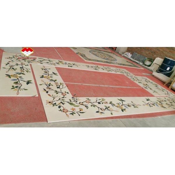 Natural Flower Waterjet Round Marble Tiles Medallion Carpet