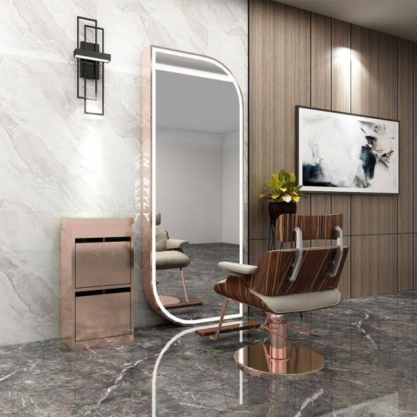Kingstin LED Floor Standing Blade-shaped Mirror with Light Gold Black Arched Styling Unit for Hairdresser