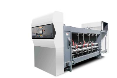 White Color G6-1224 Corrugated Cardboard Pressure Free Feed Structure Lead Edge Vacuum Transfer 4 Color Printer + Slotter + Die Cutter + Vibrator +  Stacker
