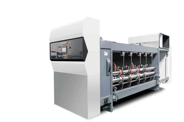 White Color G6-1224 Corrugated Cardboard Pressure Free Feed Structure Lead Edge Vacuum Transfer 4 Color Printer + Slotter + Die Cutter + Vibrator +  Stacker