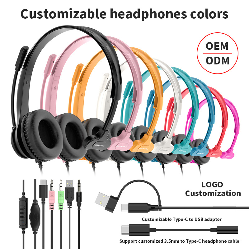 JTY-1225 Head mounted wired headphones with microphone, desktop laptop, online learning, office, customer service, call headset 3.5mm/Type-C/USB plug, supporting OEM/ODM customization service