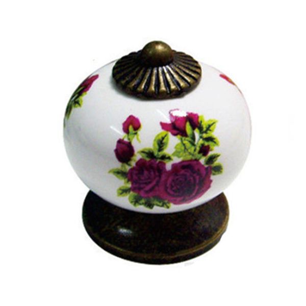 Diameter 33mm Round Ceramic Wardrobe Door Knobs Gold Plated Rose Pattern Porcelain Furniture Handles