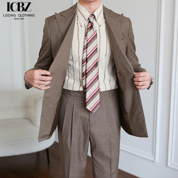 Italian Vintage Brown Suit Double Breasted Striped Jacket for Men's Professional Look