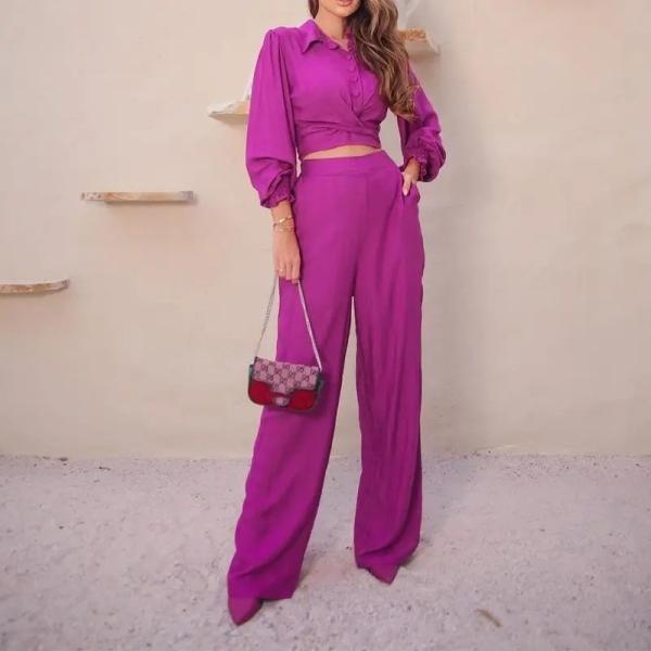                  Wholesale 2023 Spring Fashion Solid Color Single-Breasted Long-Sleeved Shirt High Waist Elastic Pants Women′s Casual Suit             