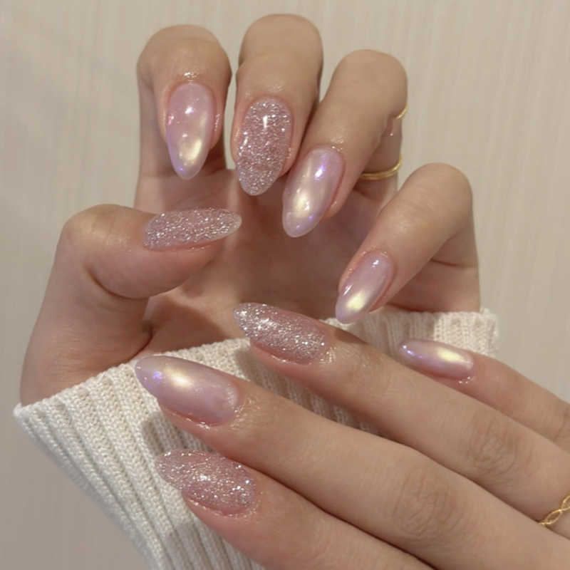 Standard Cat Eye False Nails OEM Pink Almond Shape Nails FDA Approval