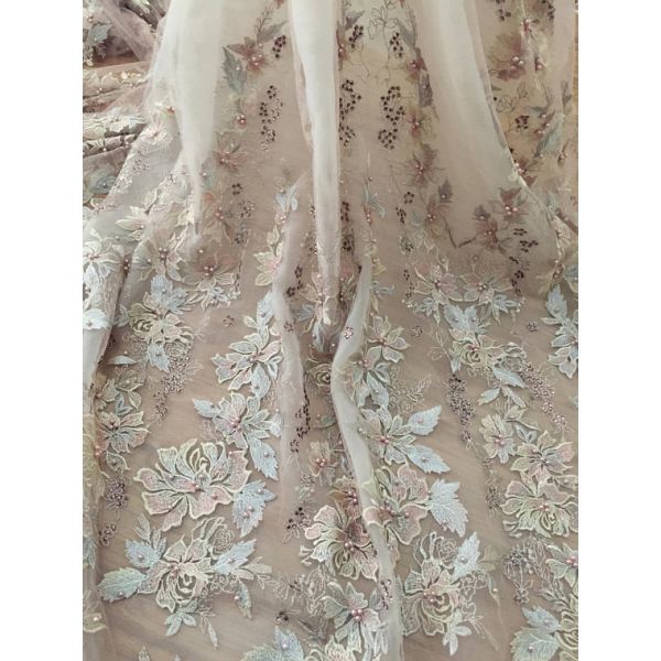 Ткань шнурка вышивки жемчуга 36 дюймов вышитая бисером двором для мантии свадьбы высоких мод