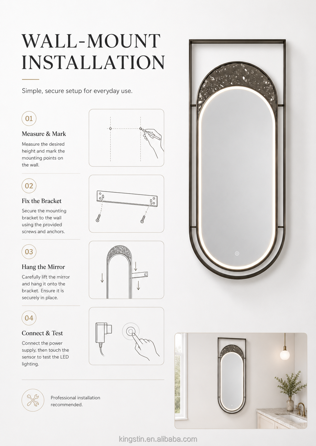 Kingstin Hanging LED Bathroom Mirror, Oval Backlit Vanity Mirror with Water Ripple Design, Customizable Size, Defogger