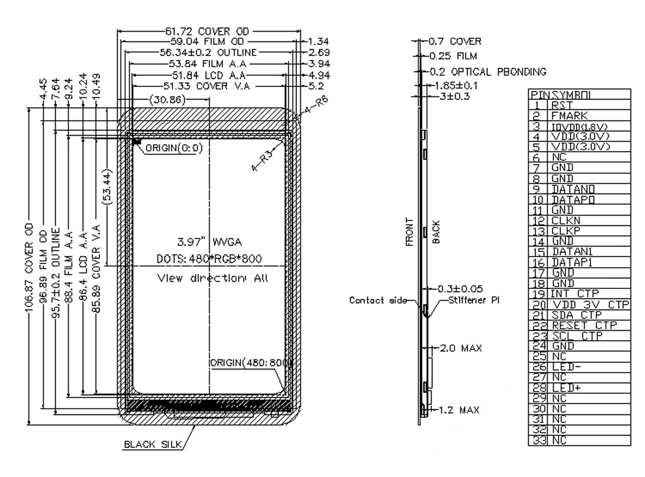 3.97 дюймовый TFT LCD сенсорный дисплей, 700cd/M2 480x800 33 штифта с CTP