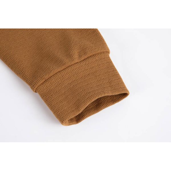 Cotton-Rich Textured Waffle Knit Long Sleeve Polo Shirt in Caramel Brown with V-Neck Placket