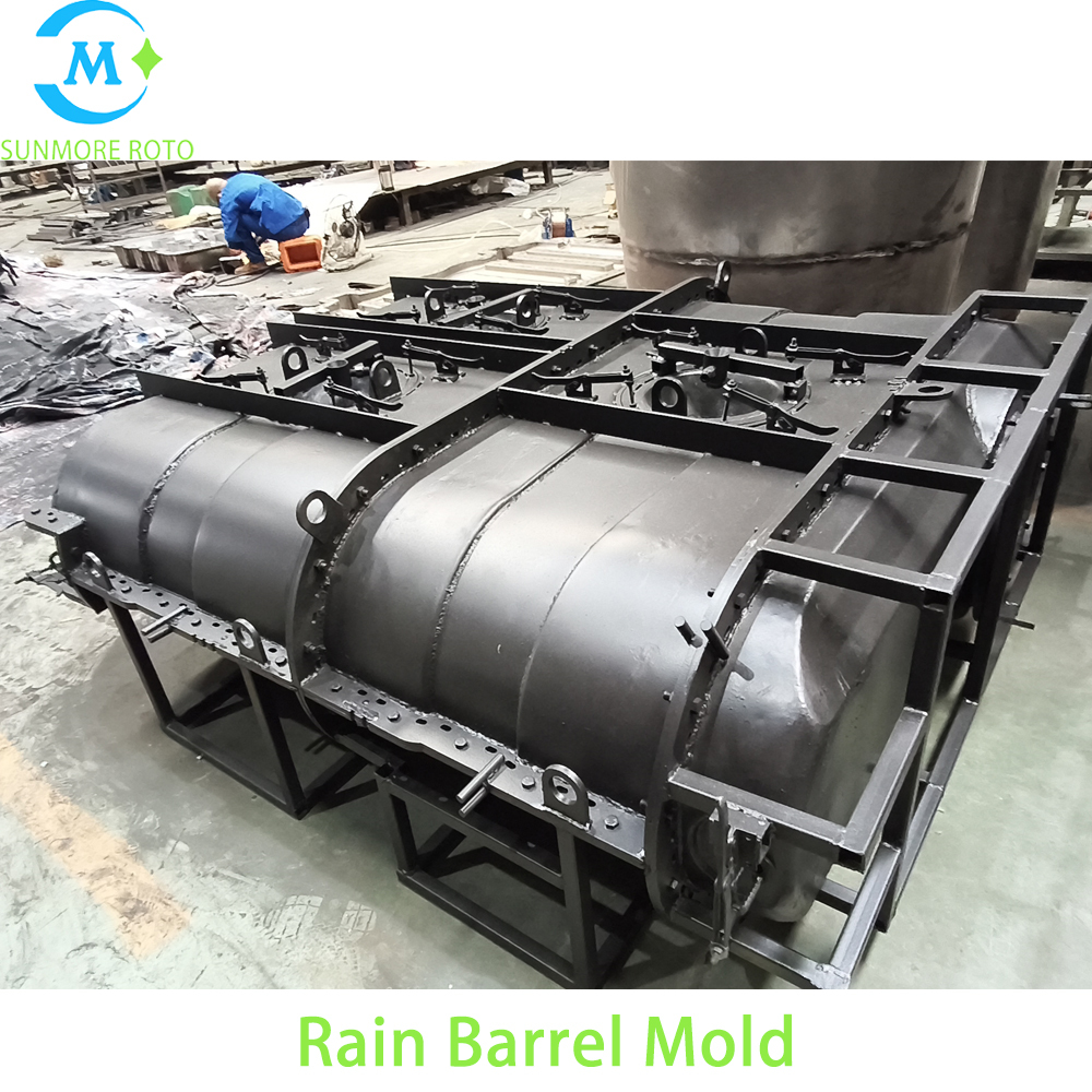 SUNMORE ROTO OEM Drawing Custom Cast Steel Rain Barrel Rotomolding Mould, Hollow Plastic Rainwater Collection Tank Rotational Mold With Integral Lifting Frame & Surrounding Quick Clamps