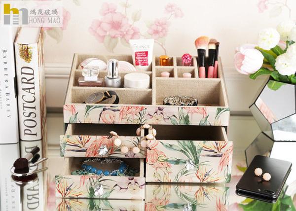 Bedroom Desk Storage Box Organizer , Glass & MDF Makeup Organiser Box