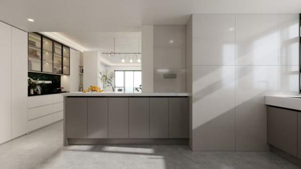 Fadior Light Grey Stainless Steel U Shaped Kitchen With Extended Island And Open Shelf Design