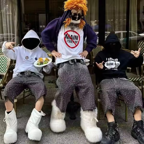 Pantalones cortos de ropa callejera con impresión en todo el cuerpo, de piedra rínica, denim, diamantes, cortos, ecológicos.