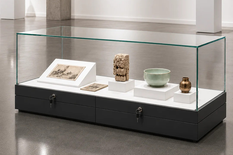 Anti-Glare Four-Sided Glass Museum Exhibit Cabinet With Lockable Drawer Base And White Platform Display Blocks