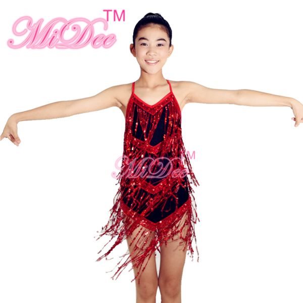 Black Red Latin Dance Costumes , Fringe Latin Dress Spandex Lining Leotard Under