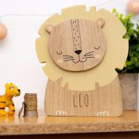 Personalised Engraved Lion Money Box Bank Kids Savings Pocket Money Piggy Bank  Wooden Animal Money Box Gift for Babies