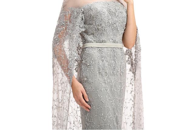 Embroidery Lace Muslim Evening Dress With Long Cape / Grey Prom Dress