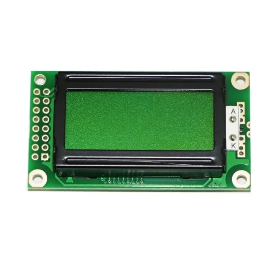 Character LCD Module with STN Transflective Display and 8 by 2 Character Format Using ST7066U Controller and Yellow Green Backlight