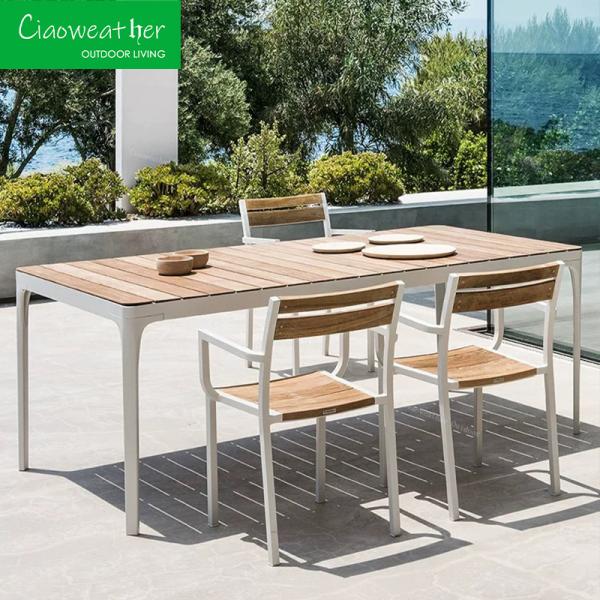 Customized Designs Luxury Patio Furniture Set Solid Wood Dinning Table with Teak Wood Tabletop and 6 Plastic Wood Chairs
