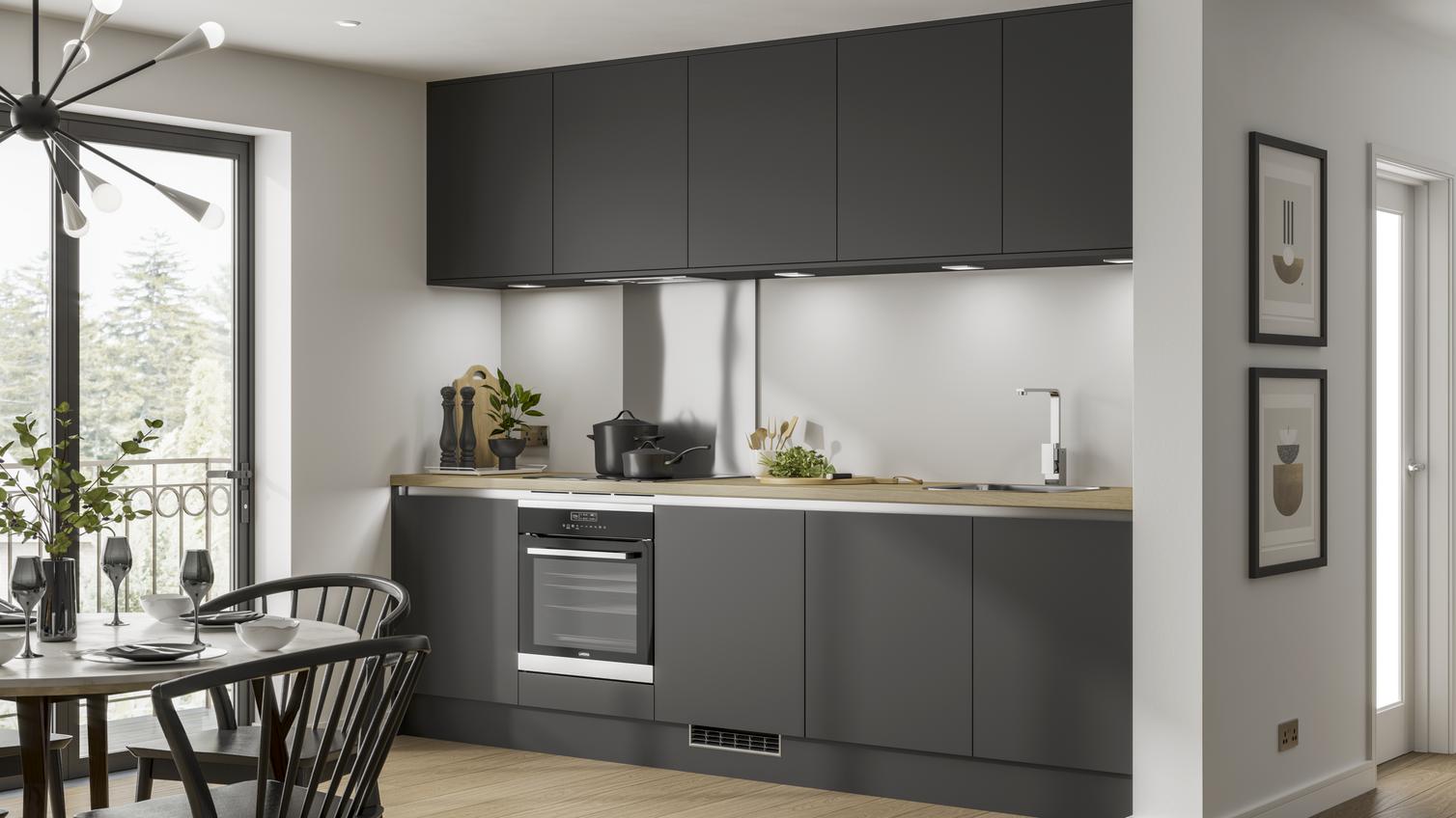 Modern Flat Edge Countertop Black Lacquer Kitchen Cabinets with Quartz Stone Material