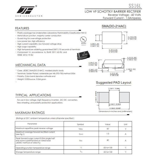 SS14L/SS16L/SS110L/SS115L/SS120L Low Vf Schottky Barrier Rectifier Diode in SMA Package