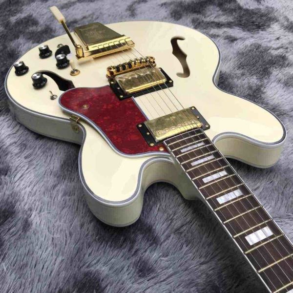 Double F-Holes Hollow Body Jazz Electric Guitar Ebony Fretboard Tremolo System in White