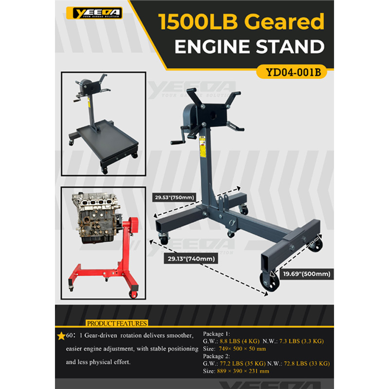 1500LB Capacity Engine Stand with 60:1 Gear-Driven Rotation and Wheeled Base for Garage Use