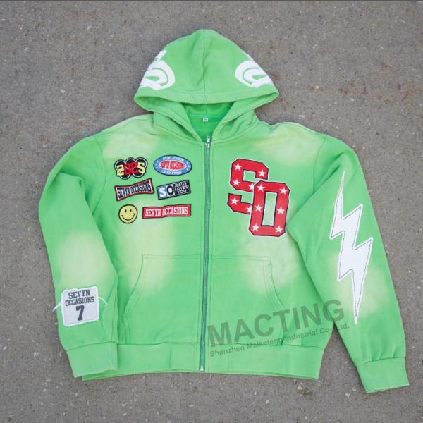 Custom Hoodie Manufacturer Men Streetwear Vintage Acid Wash Distressed Embroidery Applique Patchwork Acid Wash Hoodie