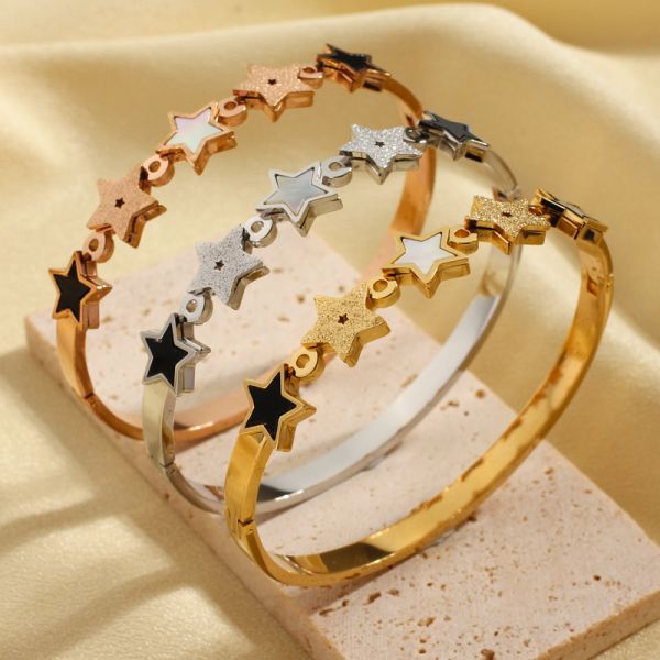 18K Gold Star Bracelet Stainless Steel Rose Gold Clover Flowers 5 Star Bangle Bracelet for Women