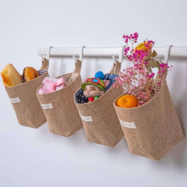 4 Pack Wall Hanging Storage Bags Cotton Linen Storage Basket Foldable Family