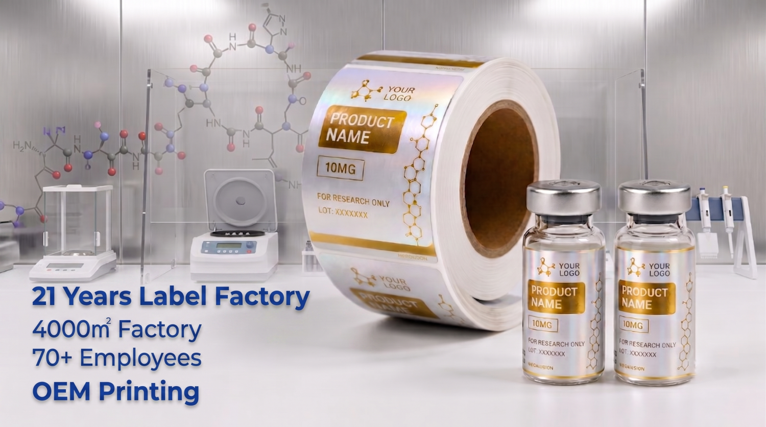 Factory Price Low MOQ Custom Peptide Vial Labels 3ml 5ml 7ml 10ml Holographic PET Vinyl BOPP Research Laboratory Vials