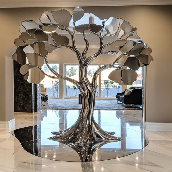 High - End Restaurant Interior Design: Custom - Made Stainless Steel Tree Sculpture
