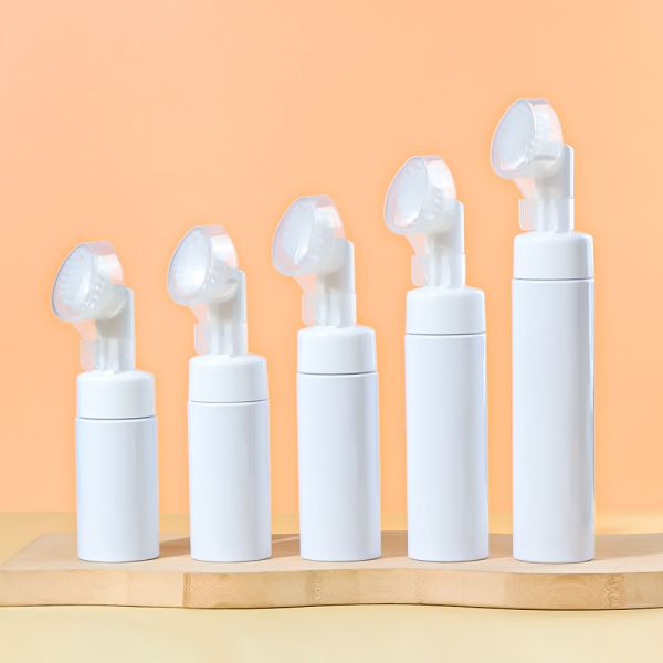 White PET Foam Pump Bottle with Built-in Hard Brush for Facial Cleanser - Refillable and Silk Screen Printing