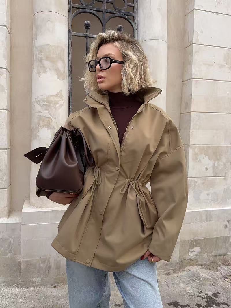 Women's Lightweight Windbreaker Jacket with Adjustable Drawstring Waist and High Stand Collar