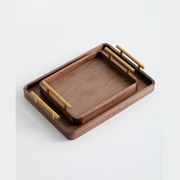 Rustic Brass Handles Walnut Wooden Coffee Table Serving Tray for Desserts Cakes Tea Cups Handmade